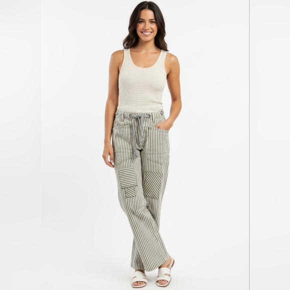 BiBi Barrel Leg Drawstring Retro Patchwork Stripe Cotton Twill Baggy Tapered - Picture 11 of 12